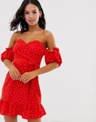 Glamorous Bardot Mini Dress With Puff Sleeves In Spot-red