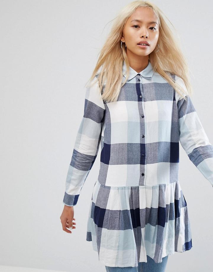 Noisy May Checked Pleated Hem Shirt - Blue