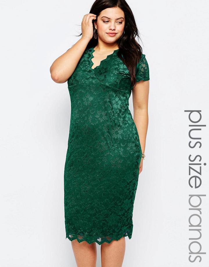 Goddiva Plus Lace Dress With V Neck - Emerald