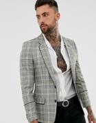 Asos Design Skinny Check Blazer With Piping In Yellow-gray