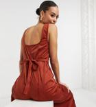 Asos Design Tall Square Neck Cord Tie Waist Jumpsuit In Burgundy-brown