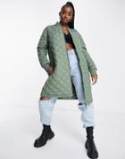 Brave Soul Orlando Diamond Quilted Longline Coat In Khaki-green