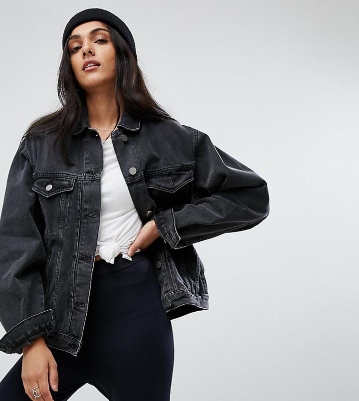 Asos Design Tall Denim Girlfriend Jacket In Washed Black - Black