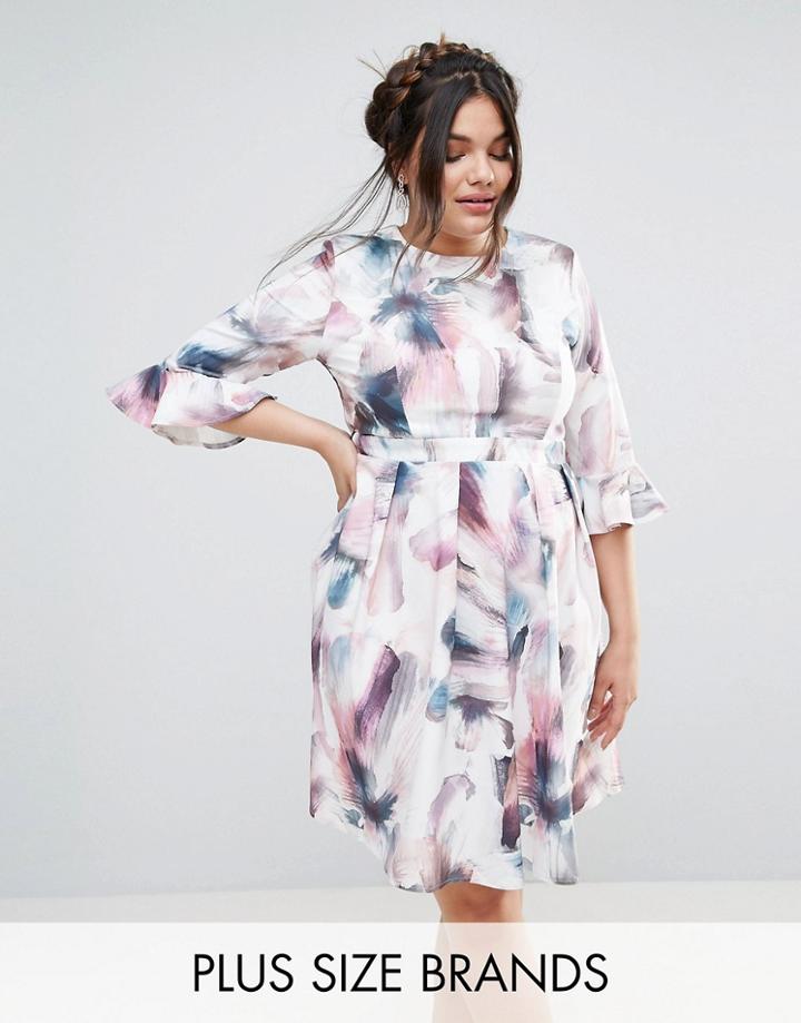 Little Mistress Plus Floral Printed Skater Dress With Fluted Sleeve - Multi