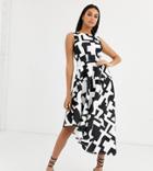 Flounce London Asymmetric Scuba Midi Dress In Mono Geo Print