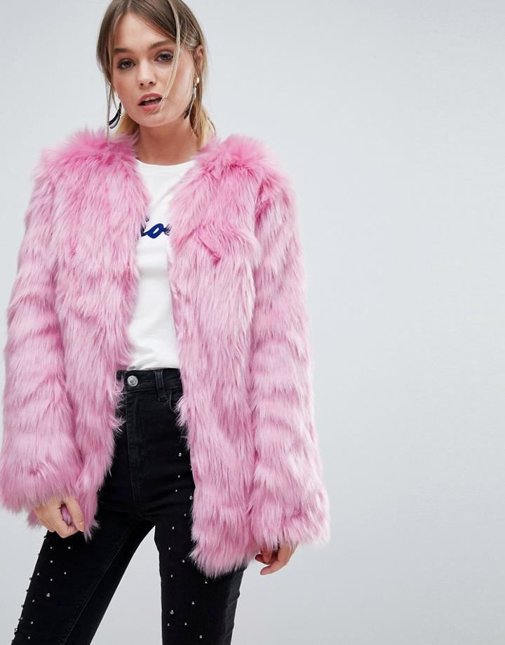 Miss Selfridge Faux Fur Coat - Pink