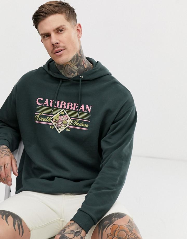 Asos Design Hoodie With Caribbean Island Print - Green