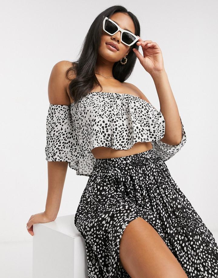 Asos Design Frill Beach Two-piece Top In Mono Polka Dot-multi