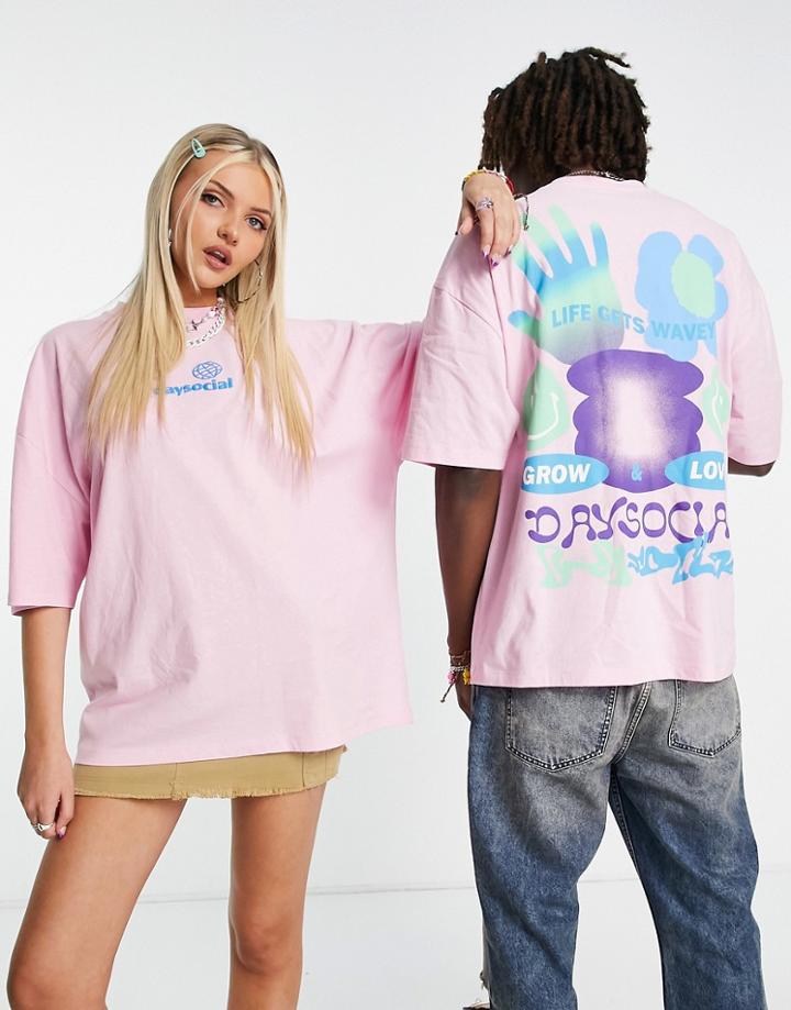 Asos Daysocial Unisex Oversized T-shirt With Wavy Back Graphic Print In Pink