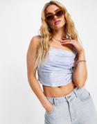 Asos Design Cowl Neck Cami Crop Top In Blue Satin Jacquard-blues