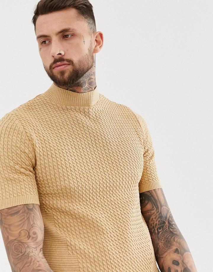 Asos Design Cable Knit Turtleneck T-shirt In Brown - Brown