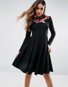 Club L Rose Embroidered Skater Dress - Black