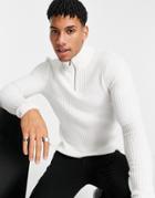 Asos Design Knit Muscle Fit Ribbed Half Zip Sweater In White