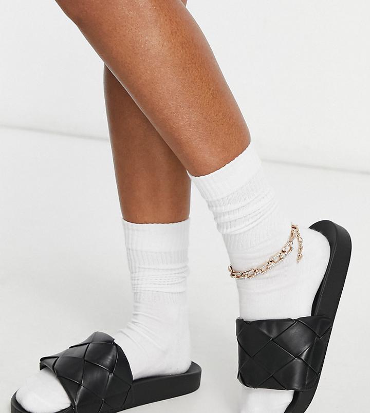 Asos Design Wide Fit Finley Woven Slides In Black