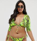 Asos Design Curve Mix And Match Long Sleeve Tie Front Bikini Top In Neon Snake-multi