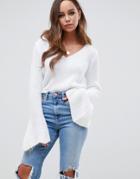 Asos Design V Neck Crop Sweater With Flared Sleeve - White