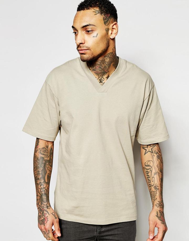 Asos T-shirt With Kimono Styling In Stone - Aluminium