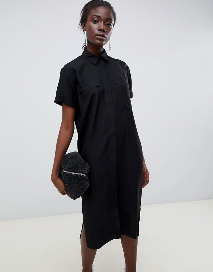 Asos Design Casual Midi Shirt Dress In Linen - Black
