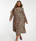 Asos Design Curve Long Sleeve Smock Midi Dress With Buttons In Leopard Print-multi