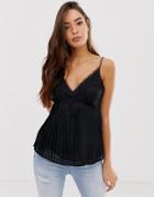 Asos Design Pleated Cami With Lace Insert - Black