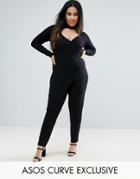Asos Curve Long Sleeve Jumpsuit With Cut Out Front - Black