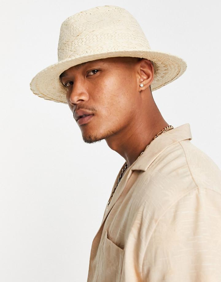 Asos Design Straw Fedora Hat With Woven Detail-white