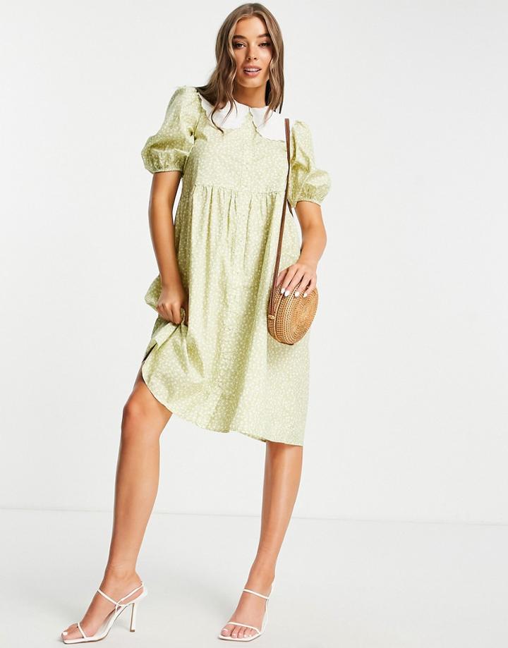 Monki Macy Midi Dress With Collar Detail In Green Floral Print-multi