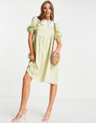 Monki Macy Midi Dress With Collar Detail In Green Floral Print-multi