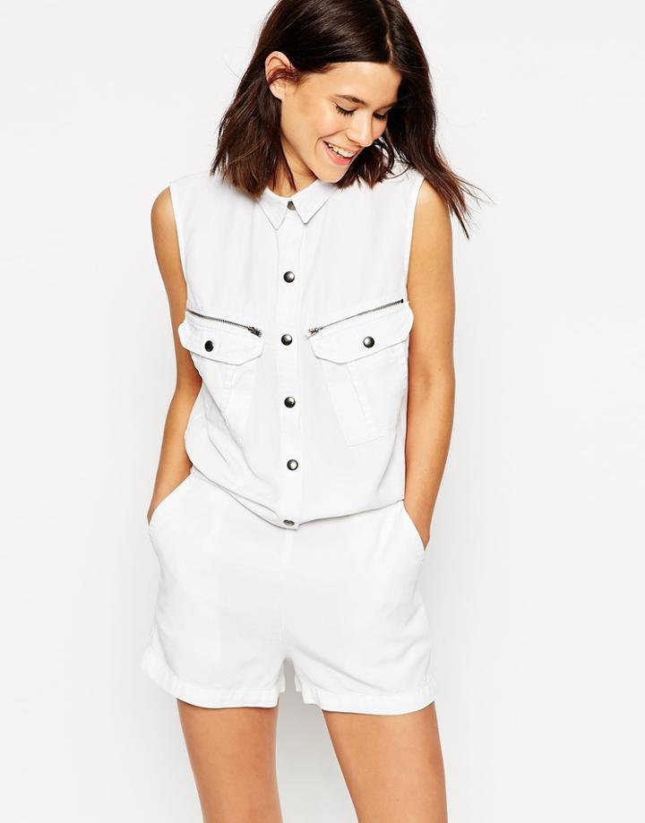 Asos Romper In Washed Tencel With Zip And Pocket Detail - Khaki