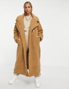 River Island Oversized Double Breasted Borg Coat In Brown