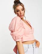 Bardot Bow Back Volume Sleeve Crop Top In Winter Rose-red