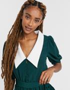 Asos Design Contrast Collar Puff Sleeve Romper In Green