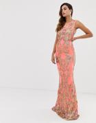 Goddiva High Neck Maxi Embellished Sequin Dress In Coral With Gold Sequin - Pink