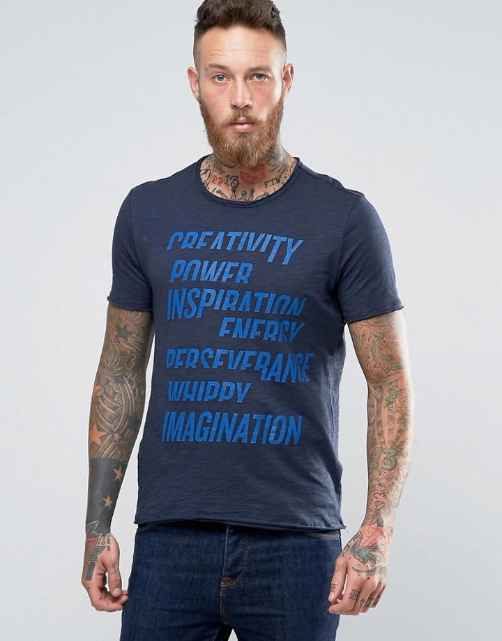 Sisley T-shirt With Raw Hem And Graphic Print - Navy