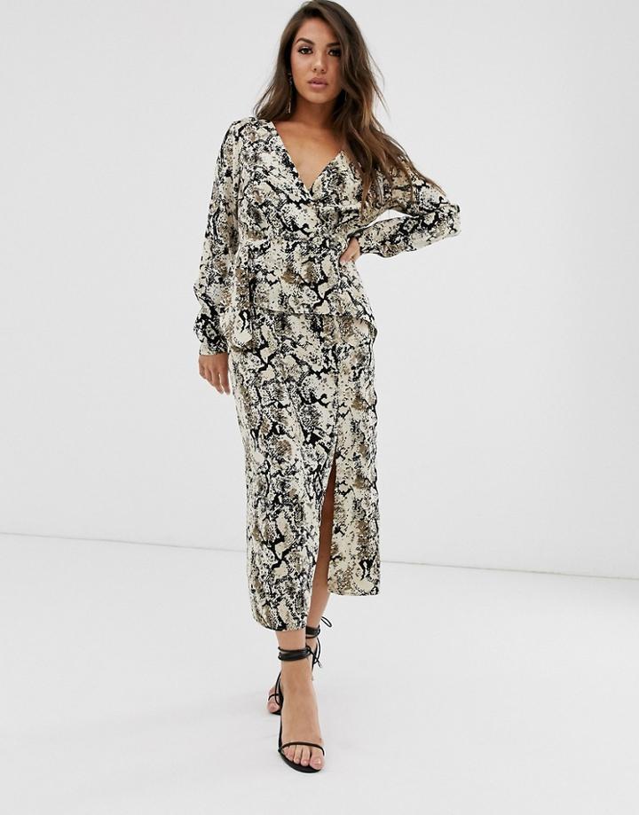 Asos Design Wrap Origami Column Midi Dress In Snake Print-multi