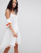 Anmol Cold Shoulder Beach Dress With Embroidered Trim - White