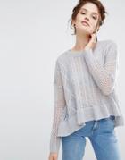 Willow And Paige Relaxed Longline Cable Knit Sweater With Ripple Hem - Purple
