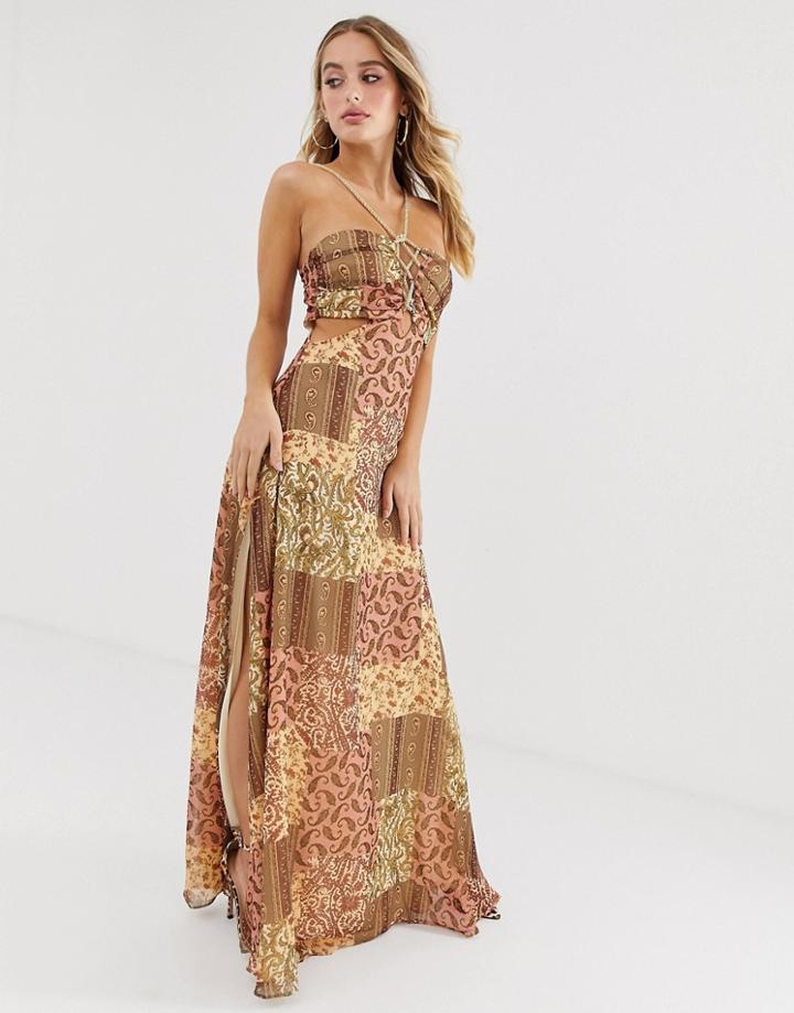 Asos Design Maxi Dress In Crinkle Chiffon With Rope Trim Bodice Detail In Scarf Print-multi