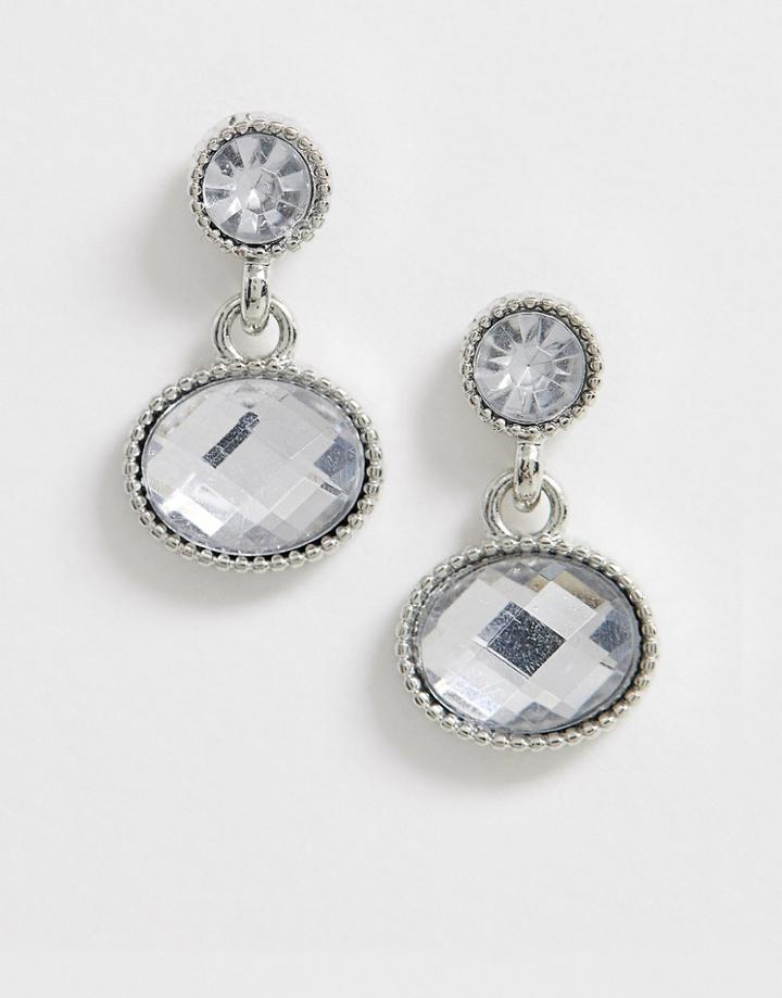 Asos Design Earrings With Crystal Jewel Drop In Silver Tone - Silver