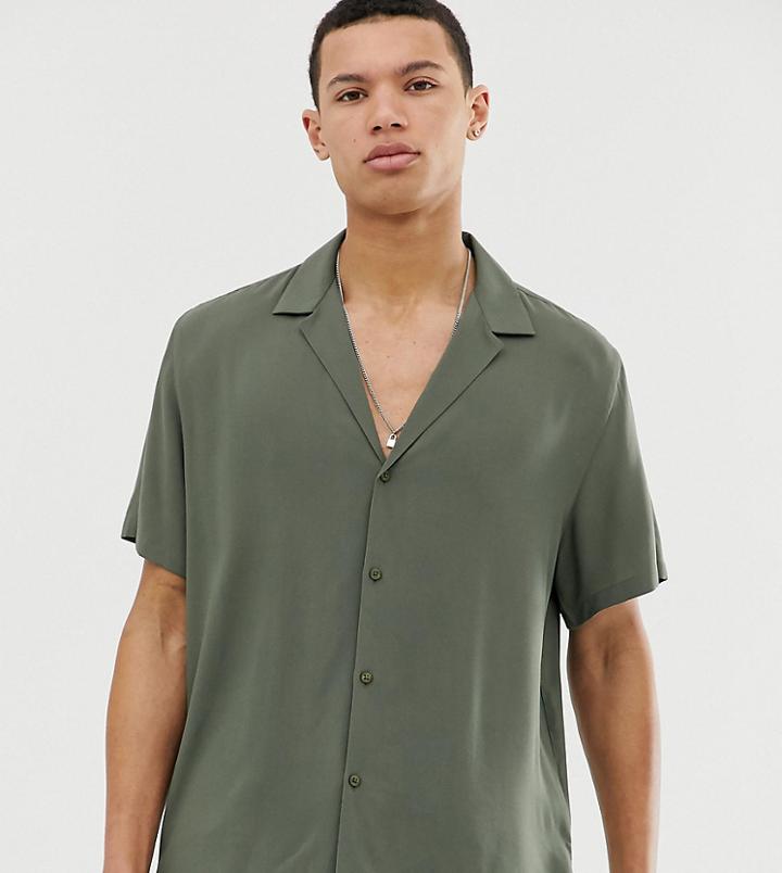 Asos Design Tall Relaxed Deep Revere Viscose Shirt In Khaki-green