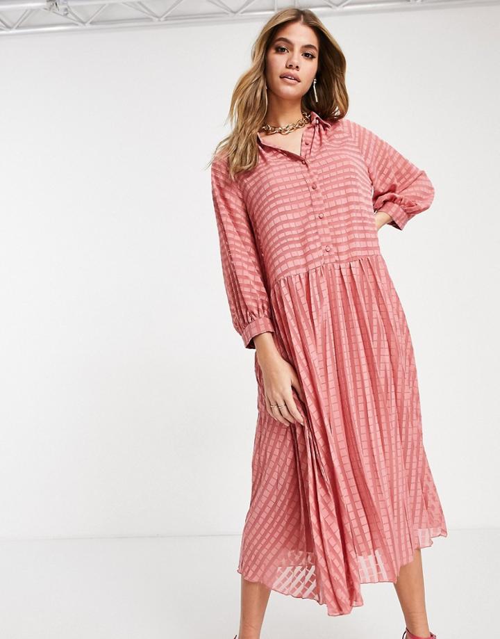 Asos Design Pleated Button-down Midi Shirt Dress In Self Stripe In Tea Rose-pink