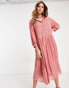 Asos Design Pleated Button-down Midi Shirt Dress In Self Stripe In Tea Rose-pink