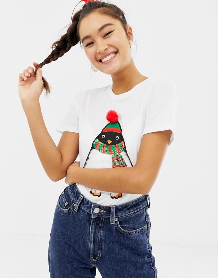 New Look Faux Fur Penguin Holidays Tee - White