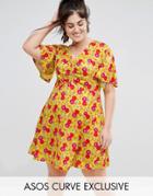 Asos Curve Tea Dress In Yellow Floral Print With Ruched Front - Multi