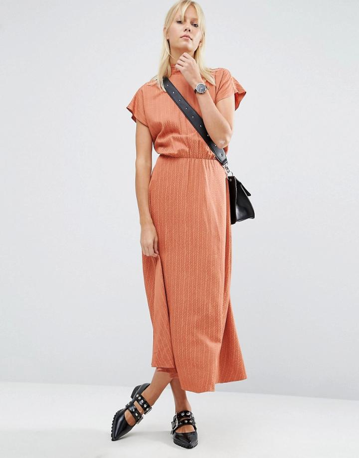 Asos High Neck Open Back Maxi Dress In Jacquard Fabric - Red