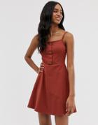 Asos Design Mini Button Front Square Neck Skater Dress-brown