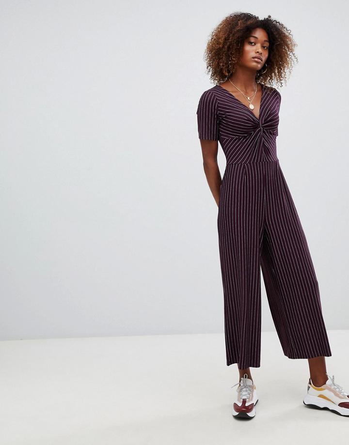 Bershka Stripe Knot Front Jumpsuit - Black