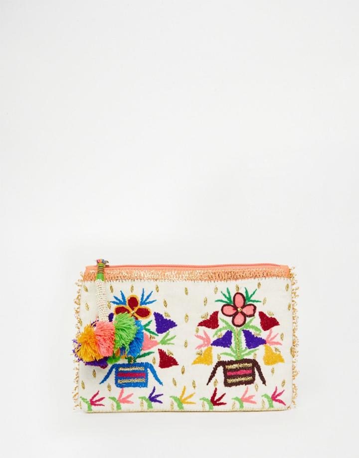 Star Mela Placement Floral Embroidered Clutch With Tassel