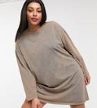 Asos Design Curve Oversized Long Sleeve T-shirt Dress In Tan Acid Wash-neutral