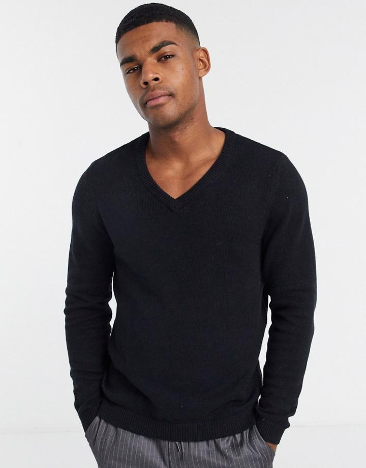 Asos Design Cotton V-neck Sweater In Black